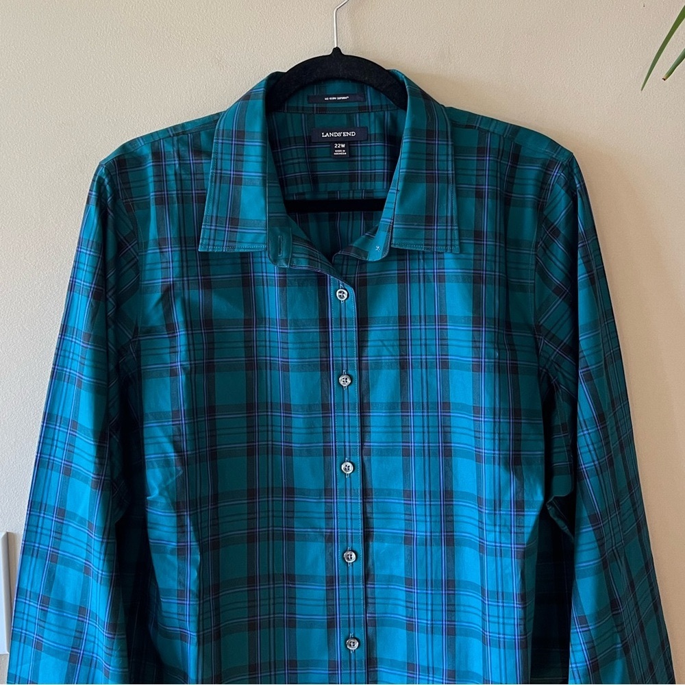 *HOST PICK* Landsโ End No Iron Supima Cotton Teal Green/Black/Purple Plaid Shirt - Picture 3 of 14